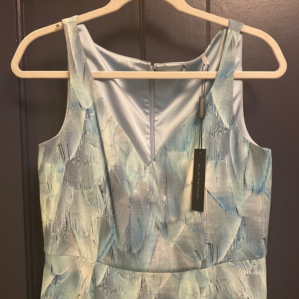 ELIE TAHARI blue feather effect midi dress